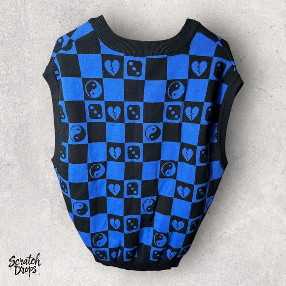 Forever 21 Men's Checkered Yin Yang Blue Black Sweater Vest Size M Trendy Casual - Picture 2 of 3